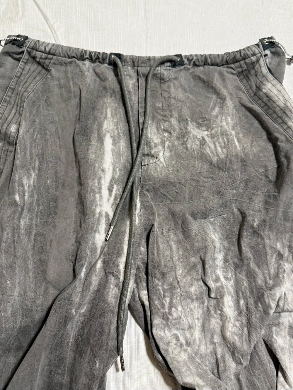 Gray tie-dye drawstring waist&ankle trousers unique uneven wash pattern size M